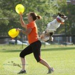 Pennie Mahon, Owner and Master Trainer, shows off some Disc Dog stunts with her world champion, Psych!